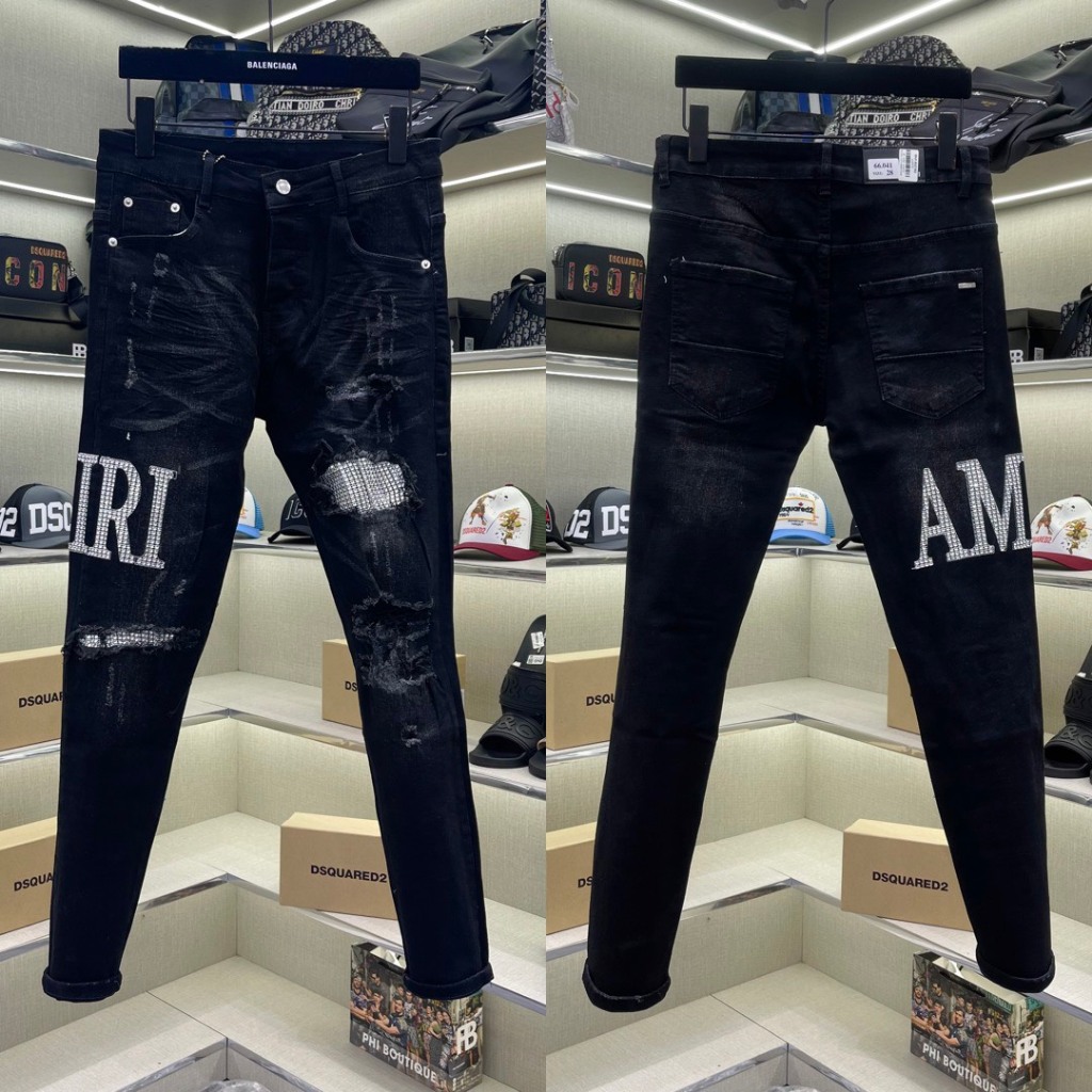 Quần jean bò nam Amiri slimfit wash đen mài rách xước vá vải thêu chữ tag đá bạc đùi 4 cúc chữ QJ547