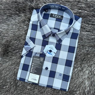 OWEN - Áo Sơ mi ngắn tay Owen vạt ngang chất Polyester Nano không nhăn 240023 kẻ ô to màu Xám xanh navy