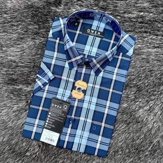 OWEN - Aó sơ mi ngắn tay Owen vạt ngang 240035 chất sợi tre kẻ ca rô xanh navy