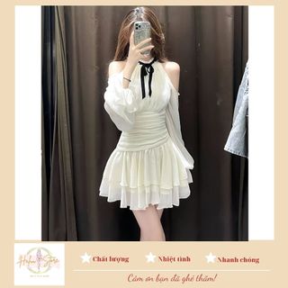 Đầm hở vai màu kem hai tầng dáng xòe tiểu thư đi tiệc hh77 haluu store
