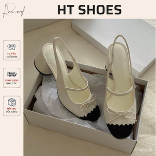 Giày cao gót C mũi tròn phối màu đính nơ nhỏ xinh hở gót đế trụ tròn cao 6cm cho nữ Fullbox #A2187