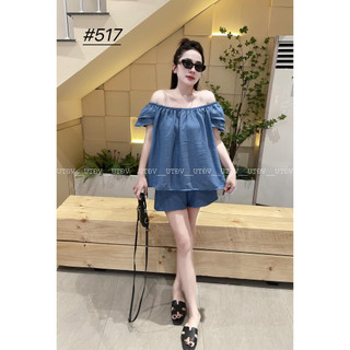 Sét đũi gia bò áo trễ vai kèm quần sooc cạp chun