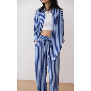 Set quần pant lưng thun + áo sơ mi dài sọc xanh délice