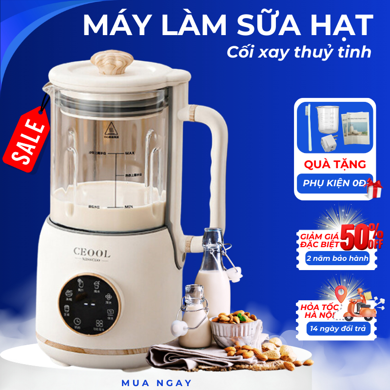 Máy làm sữa hạt Ceool Cối thủy tinh 800ml Đáy phủ gốm Ceramic chống dính Công suất 900W Bảo hành 1 năm