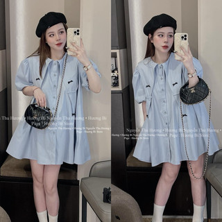Váy xuông  mềm mát xanh mint nơ thô lạnh cổ vạt babydoll