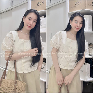 Hàng qc - áo sơ mi thô boil phối ren hoa tay bồng cổ vuông.
