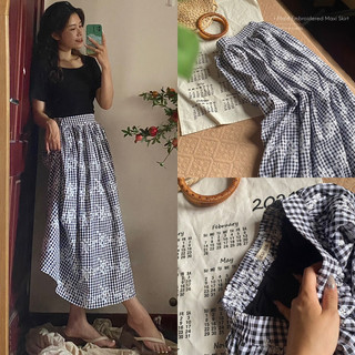 Chân váy caro thêu hoa maxi dáng xoè hai lớp tôn dáng dày dặn không nhăn