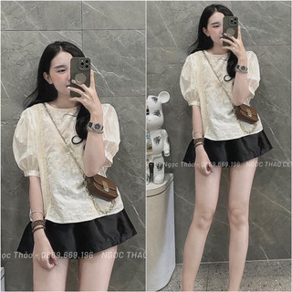 Hàng qc - áo sơ mi thô phối viền ren thêu nơ nhỏ hoa nhí tay bồng.