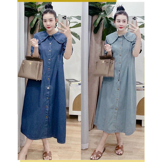 Váy Jeans Nữ Cổ Sen Dáng Dài Eo Ly Cúc Bấm Dưới 65kg