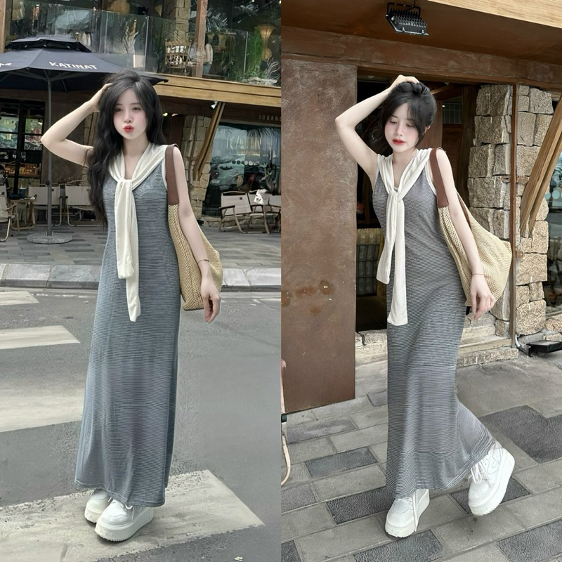 Váy Kẻ Kèm Khăn Choàng QC