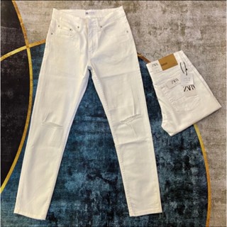 Quần bò jean nam trắg trơn, trắng rách gối zara co giãn vừa hàng quảng châu cao cấp