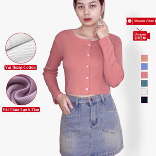 Áo Thun Cardigan Croptop Khuy Cúc Dài Tay Cổ Tròn Madela, Áo Croptop Ôm Body Nữ Cổ Tròn Tay Dài Phong Cách Hàn Quốc