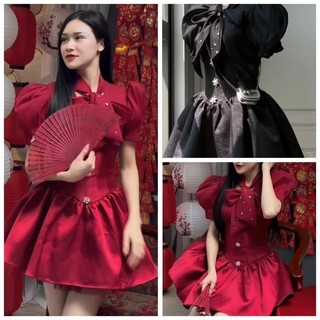 Đầm Xòe Cột Nơ Cổ Đính Đá Siêu Xinh Cho Bạn Gái, Chất Tapta Phối Lưới Đính Đá 2 Màu Đen Đỏ💥