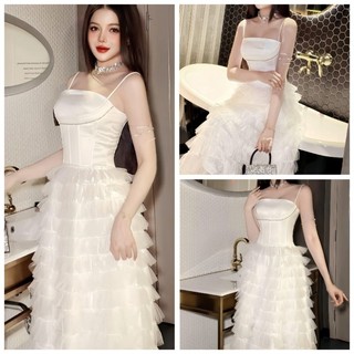 Đầm Xòe Tầng 2S Đính Đá Siêu Xinh Cho Bạn Gái, Chất Tapta Đính Đá Phối Lưới Tơ 1 Màu Trắng💥