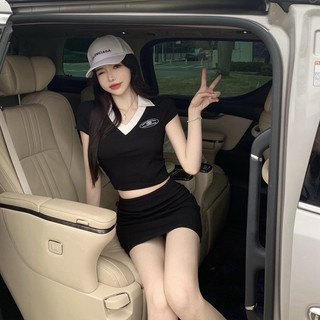 Set áo polo croptop áo croptop nữ + chân váy ôm quyến rũ Set Bộ Đồ Nữ Áo Croptop Ôm Body Phối Viền Trắng Mix Chân Váy