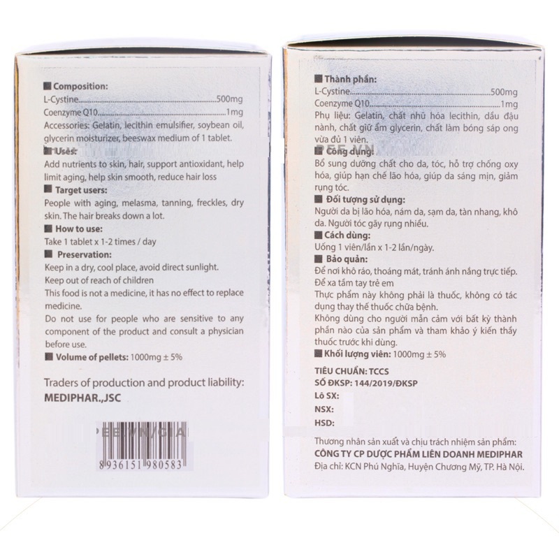 Viên Uống L Cystine Làm Đẹp Da, Giảm Rụng Tóc, Giảm Thâm Sạm Da Chính Hãng - 1 Hộp 60 Viên (L-Cystine)