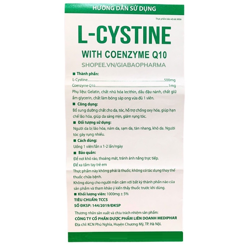 Viên Uống L Cystine Làm Đẹp Da, Giảm Rụng Tóc, Giảm Thâm Sạm Da Chính Hãng - 1 Hộp 60 Viên (L-Cystine)