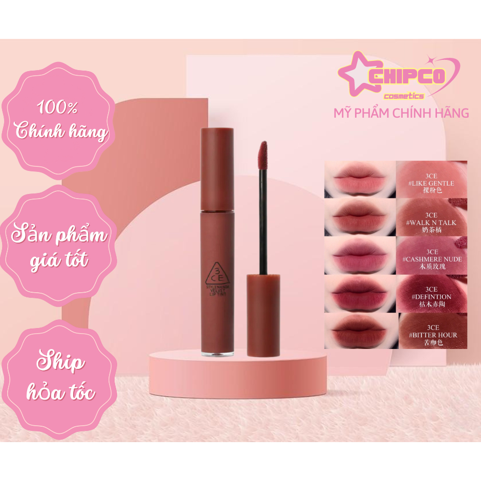 Son kem 3CE Velvet Lip Tint Son Kem Lì 3CE Mịn Màng Như Nhung Definiton Bitter Hour Walk n talk Taup