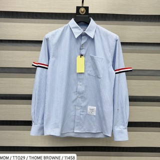 Áo Sơ Mi Thom Browne Xanh Dài Tay Chất Đẹp Co Giãn tay in 4 sọc trắng Áo sơ mi dài tay xanh