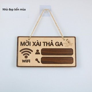 Bảng gỗ Wifi free MỜI XÀI THẢ GA treo shop treo quán cafe tặng kèm móc