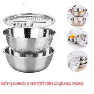 Bộ rổ nạo inox 3 chi tiết kèm chậu đa năng - bộ bát trộn rau củ quả inox kèm nạo đa năng