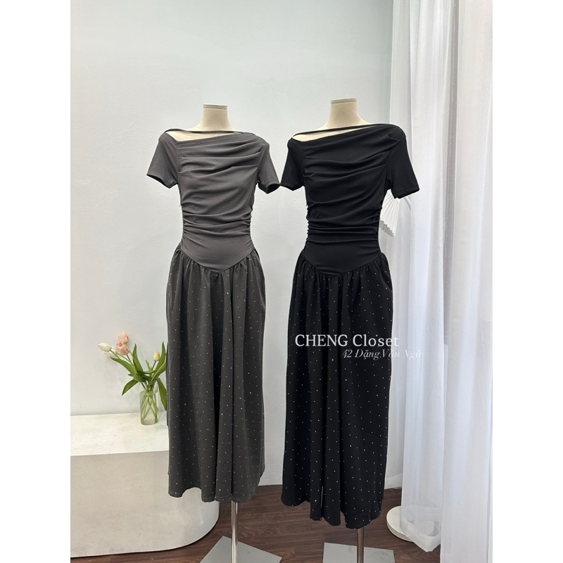 váy maxi đá lệch vai