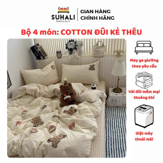 Cotton đũi kẻ thêu - bộ vỏ chăn ga 4 món suhali.shop