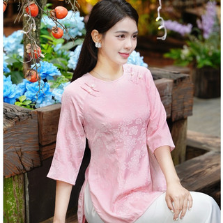 Đồ lam đi chùa, pháp phục gấm in vân hoa chìm mềm mịn chất liệu co giãn nhẹ cúc ngọc cầu vai pháp phục Hải Đường