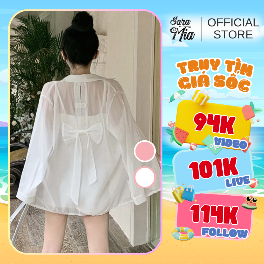Áo sơ mi voan tơ tay phồng Saramia nữ dài tay thắt nơ sau khoác ngoài mỏng đi biển chống nắng Q10