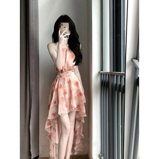 Đầm midi voan hoa cổ yếm phong cách retro