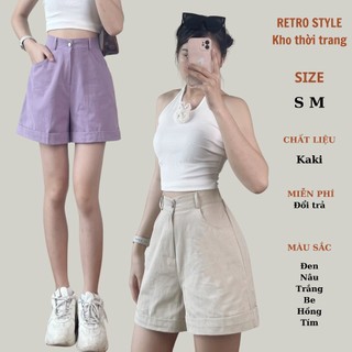 Quần đùi nữ chất thô kaki ống rộng cạp cao lưng chun nhiều màu - Retrostyle - quansoocthokaki1790_p0k28