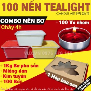 Combo 100 vỏ nhôm kèm bấc, sáp bơ thực vật tự làm nến tealight handmade tại nhà - nguyên liệu làm nến bơ cúng dường