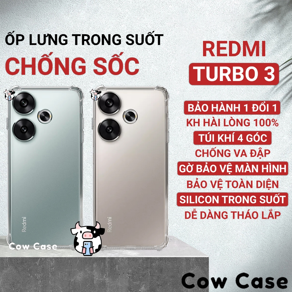 Ốp lưng Redmi Turbo 3 chống sốc silicon dẻo trong Cowcase | Vỏ điện thoại Xiaomi bảo vệ camera toàn diện