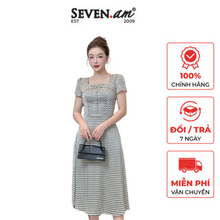 Đầm xoè tay cộc lụa hoạ tiết đen cổ vuông Seven.AM H633510K