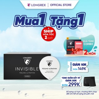 Bao cao su siêu mỏng Longrex Invisible nhiều gel bôi trơn, size 52mm, chất cao su an toàn hộp 10 bcs LR02
