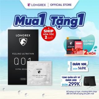 Bao cao su Longrex Extra Sensitive siêu mỏng, kéo dài thời gian quan hệ, nhiều gel bôi trơn, hương vani, hộp 10 bcs LR01