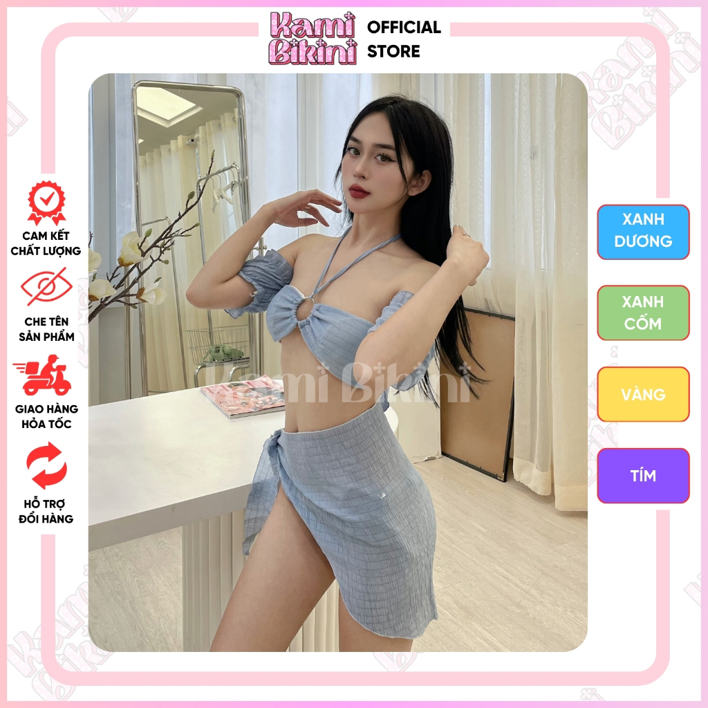 Bikini 3 mảnh đi biển kèm khăn quấn chất xốp nhăn áo phối vòng. Đồ bơi nữ hottrend áo sẵn đệm mút nhiều màu dễ mặc <55kg | BigBuy360 - bigbuy360.vn