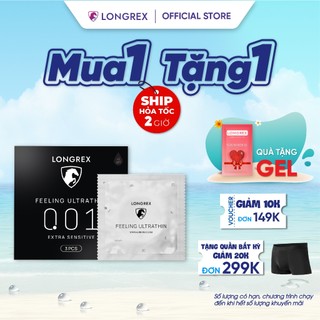 Bao cao su Longrex Extra Sensitive siêu mỏng, nhiều gel bôi trơn, chất cao su cao cấp, hương vani, hộp 3 bcs LR04
