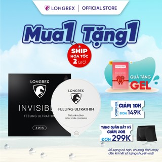 Bao cao su siêu mỏng Longrex invisible 0.01mm combo 1 hộp invisible, 1 hộp extra sentisive