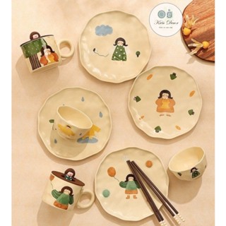  Hoả Tốc  Bộ bát Đĩa vẽ tay hoạ tiết cô gái dễ thuơng phong cách Retro -Kiến Decor 