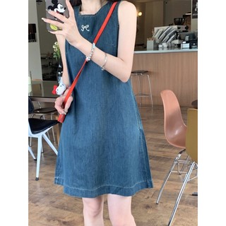 Đầm Giả Denim Sát Nách Dáng Suông Ngắn Phối Nơ Ngực Retro Taobao