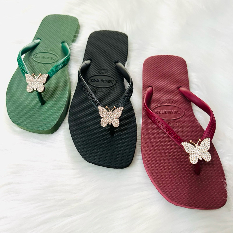 Dép xốp Thái, dép kẹp nữ mũi vuông hàng loại 2 đính Charm bướm cườm trắng nhỏ siêu hot