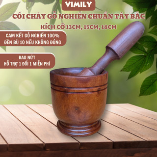 Cối chày gỗ nghiến Tây Bắc núi đá giã thức ăn gia vị VIMILY kích thước 12cm và 14cm