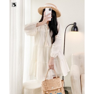 Đầm dài tay vải mỏng, phối họa tiết, 3 tầng, cổ bèo, kèm dây buộc nơ Twenty.5 -  5888
