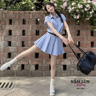 Váy sơ mi Nấm Lùn Clothes Váy nữ phong cách Hàn Quốc Váy xếp ly Váy xòe Váy xanh học sinh tặng kèm thắt lưng V022