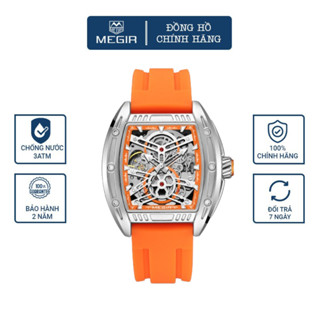 Đồng Hồ Cơ Automatic MEGIR, Đồng Hồ Nam Lộ Cơ Dáng Thùng Chống Nước 3 ATM Dây Silicone, Đồng Hồ Đeo Tay Thể Thao
