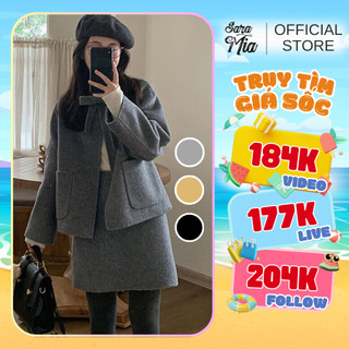 Áo khoác dạ Sara Mia nữ cổ tròn dạ tweed thu đông phối nơ hai lớp dày dặn Q6