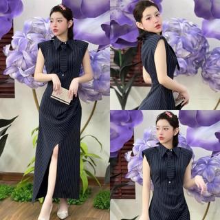 Váy kẻ xẻ tà lệch dáng dài kèm cavat L20