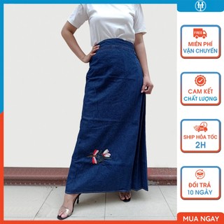 Váy chống nắng nữ cao cấp vải jean dày mềm có túi và nút bấm thêu Chuồn chuồn JHT101 H&T FASHION