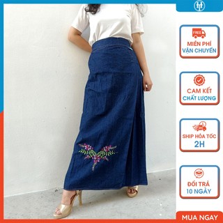 Chân váy chống nắng nữ vải jean cotton dày dặn thêu hoa Ti-gôn nổi bật có nút bấm JHT108 H&T FASHION